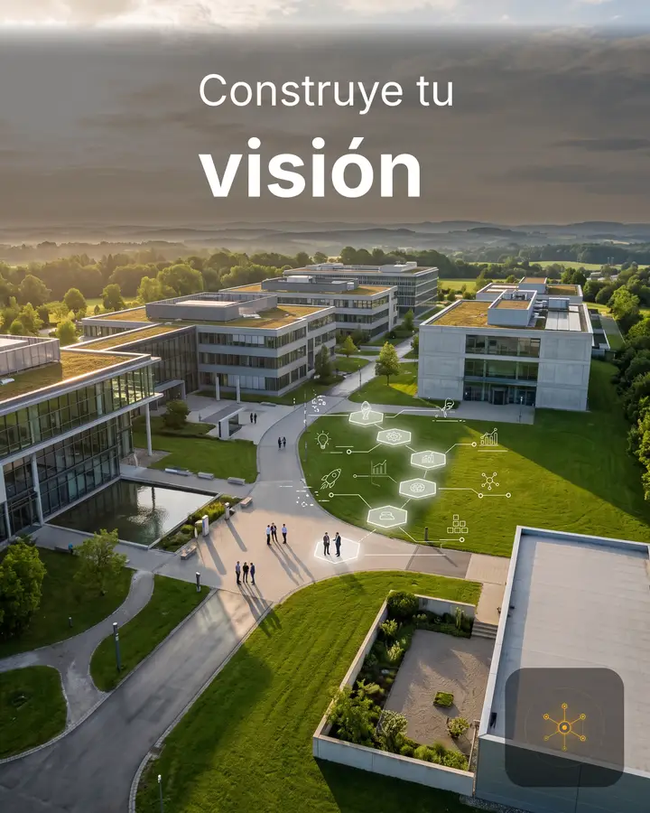 Vista aérea de un campus corporativo entre áreas verdes; «Construye tu visión».