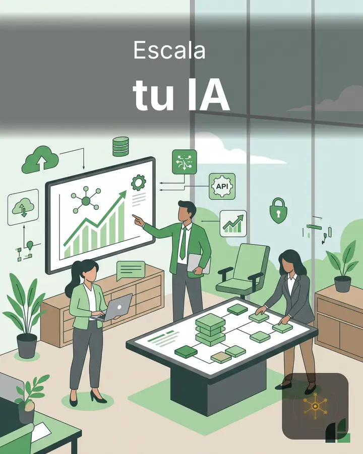 Ilustración de un equipo alrededor de una mesa con tableros de datos; «Escala tu IA».