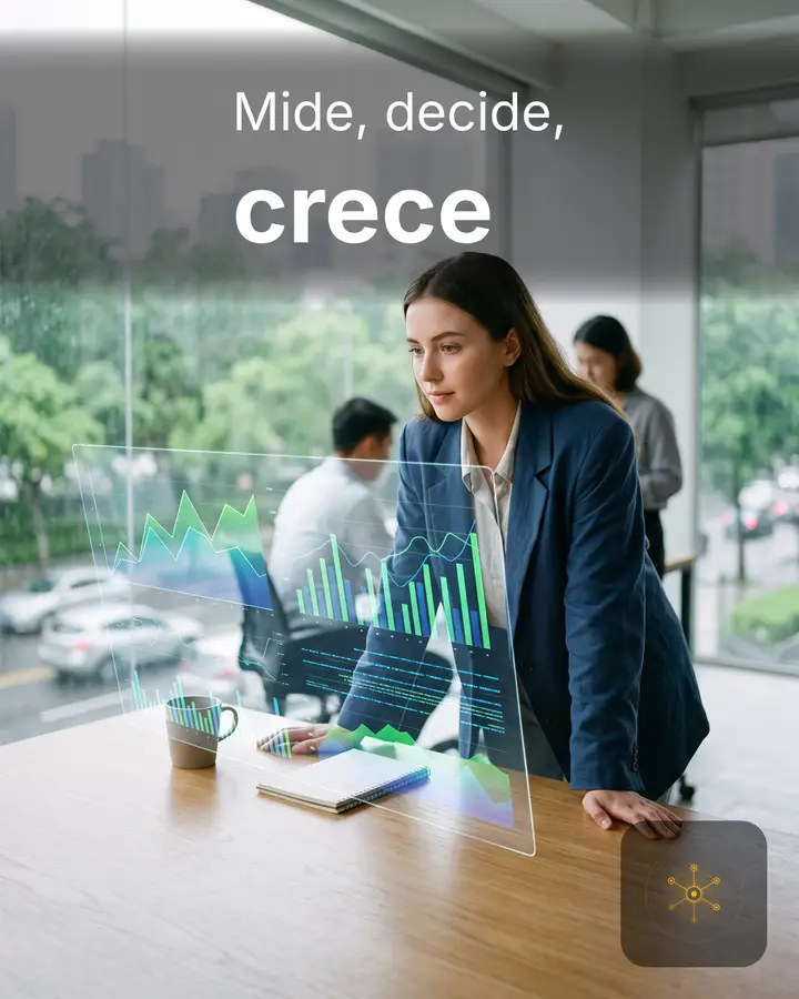 Mujer de pie frente a un escritorio con gráficas en pantalla; «Mide, decide, crece».