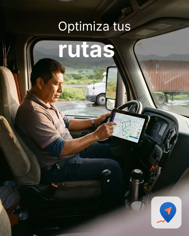 Chofer de camión revisa una tableta en la cabina; sobre la foto, «Optimiza tus rutas».