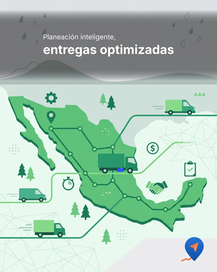 Ilustración de un mapa de México con rutas de reparto y camiones; «Planeación inteligente, entregas optimizadas».