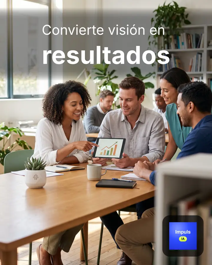 Equipo reunido en una mesa mirando una tableta con gráficas; «Convierte visión en resultados».
