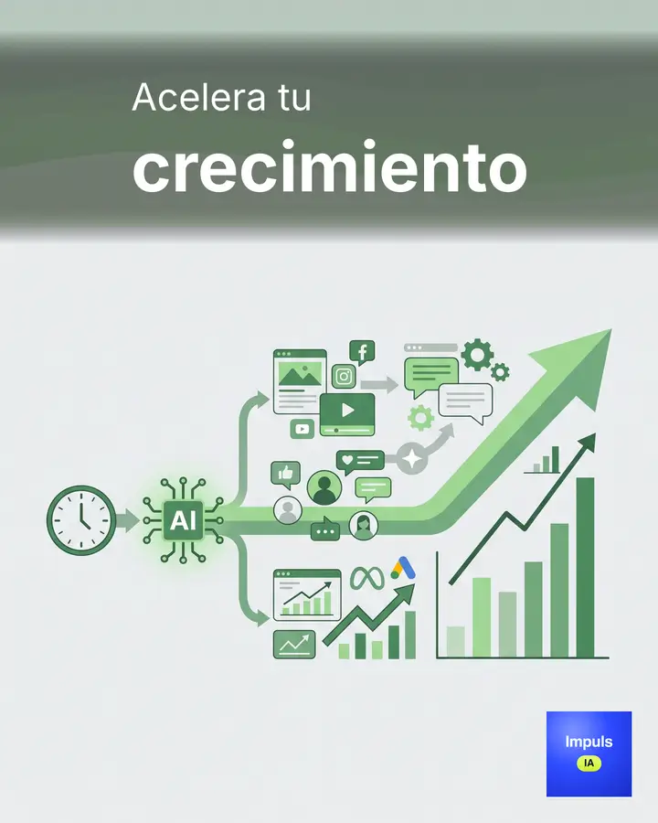 Ilustración de una flecha de crecimiento rodeada de iconos de redes sociales; «Acelera tu crecimiento».