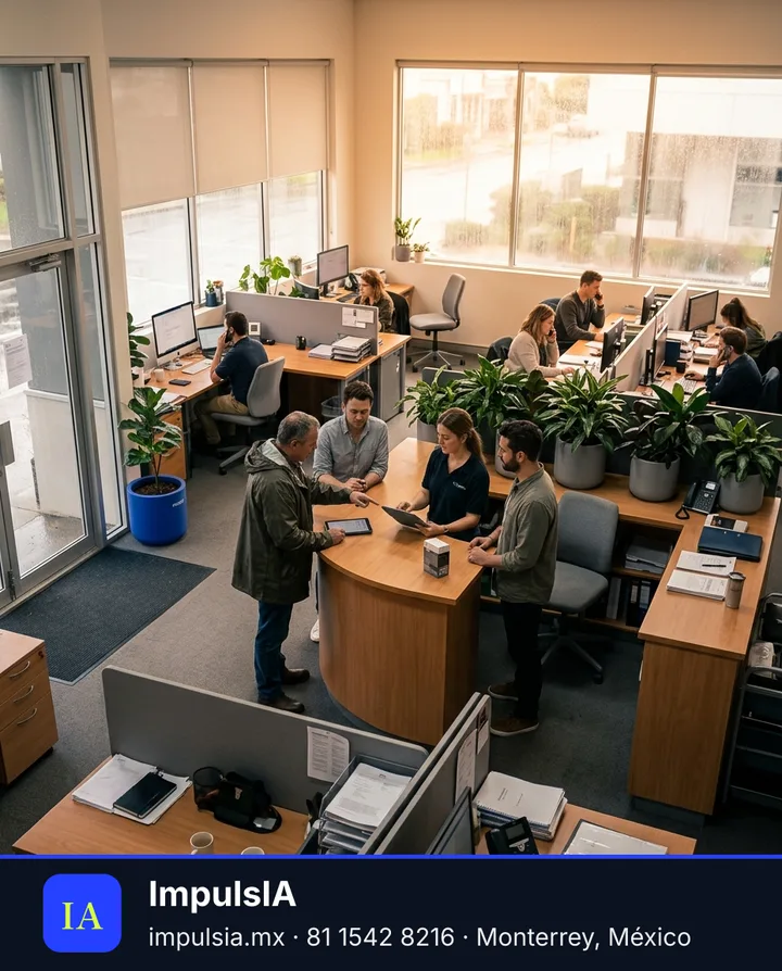 Ejemplo de estilo entorno amplio: vista elevada de una oficina completa con varias personas trabajando.