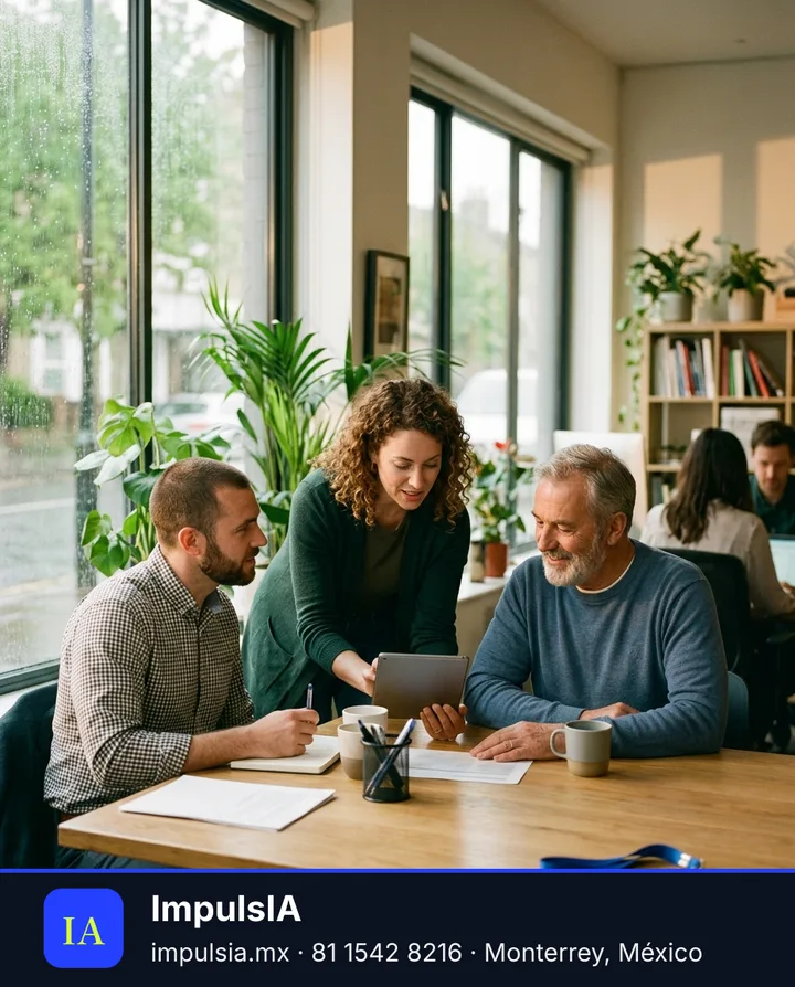 Ejemplo de estilo lifestyle: personas trabajando juntas alrededor de una tableta en una oficina luminosa.